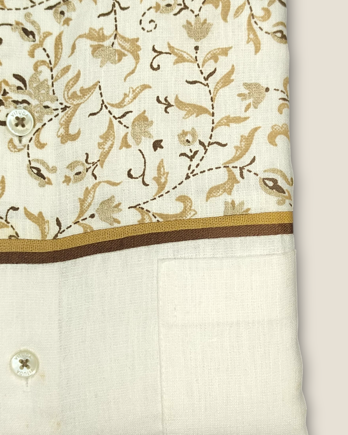 Men's Half Sleeves Embroidered Floral Cotton Shirt - Elegant Beige & Brown Design
