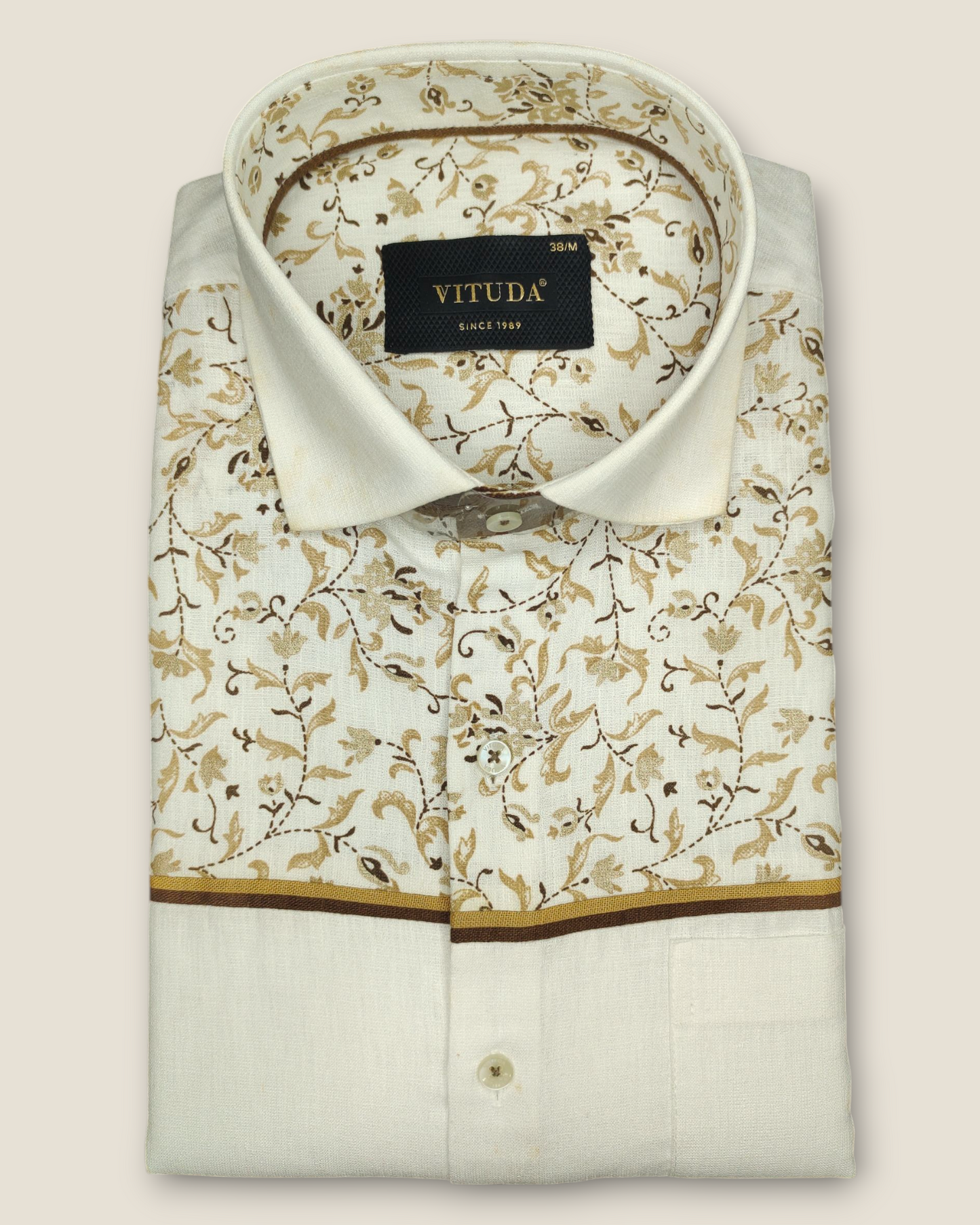Men's Half Sleeves Embroidered Floral Cotton Shirt - Elegant Beige & Brown Design