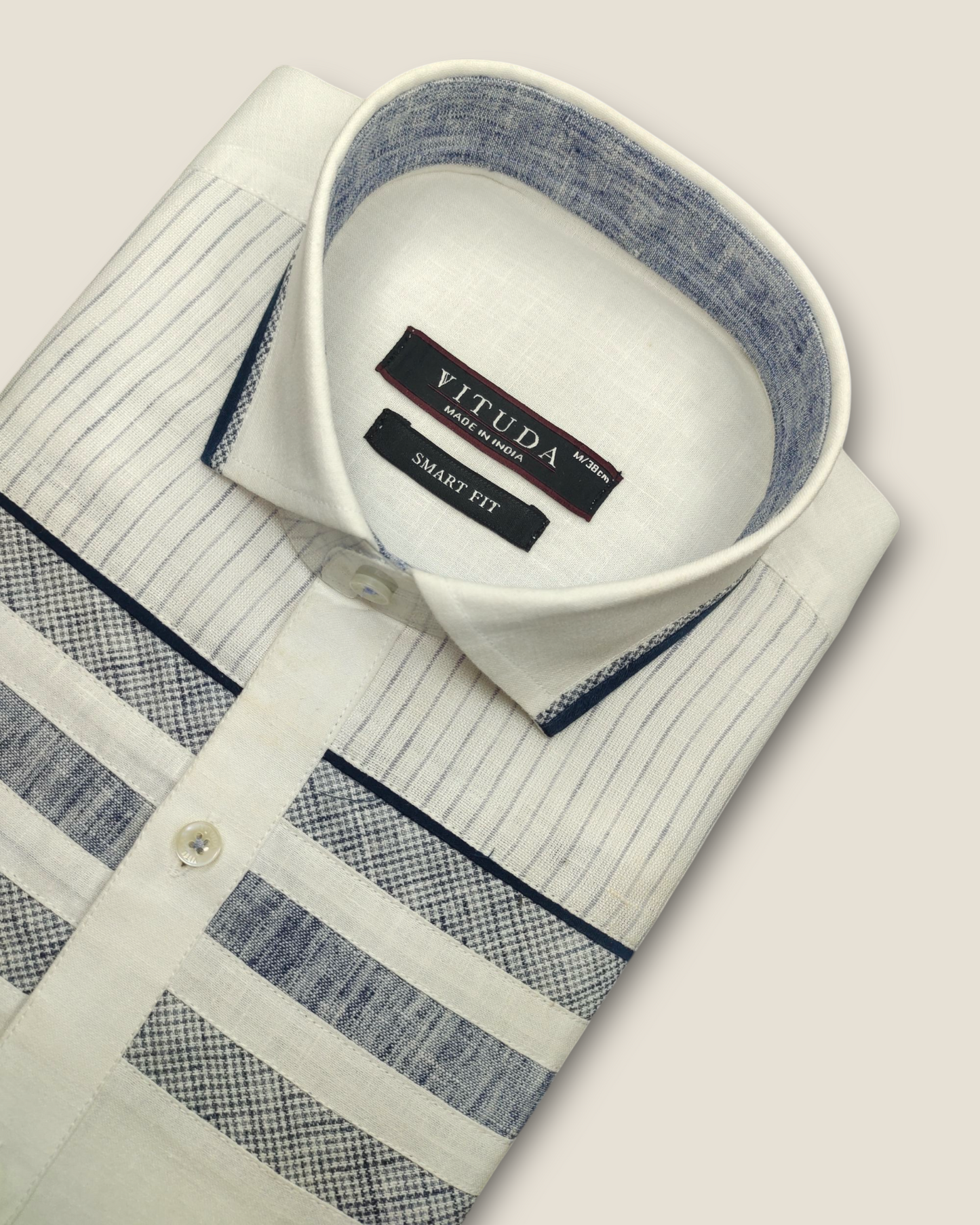 Men's Half Sleeves Party Wear Shirt - White with Navy Striped Panel