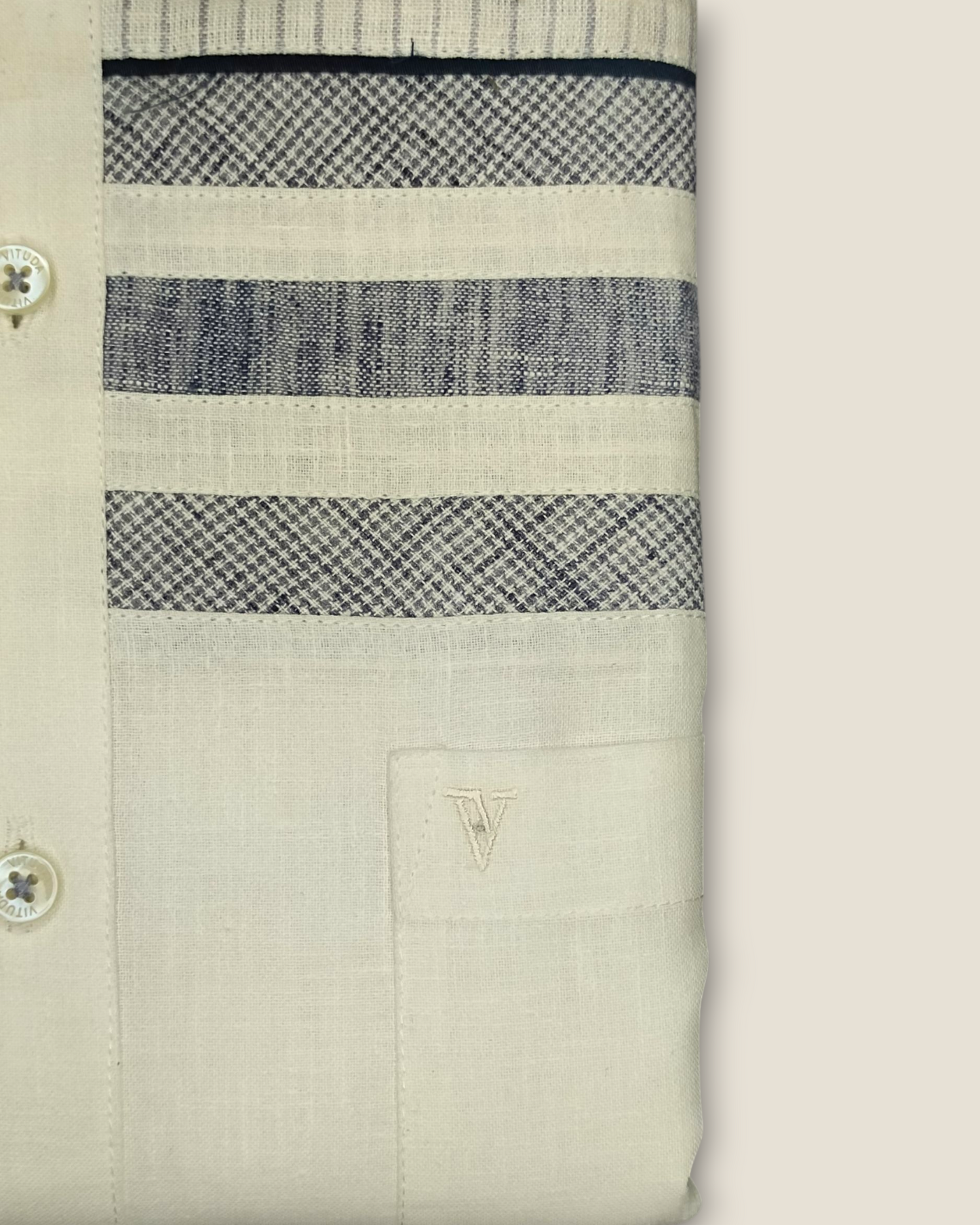 Men's Half Sleeves Party Wear Shirt - White with Navy Striped Panel