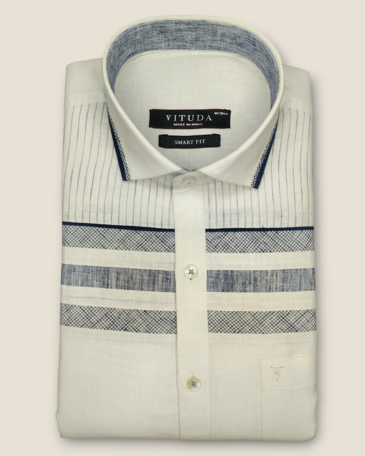 Men's Half Sleeves Party Wear Shirt - White with Navy Striped Panel