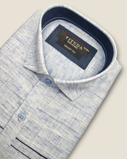 Men's Half Sleeves Party Wear Shirt - Blue Textured with Navy Details