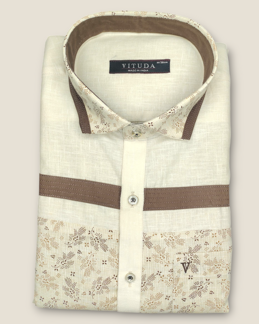 Men's Half Sleeves Party Wear Shirt - Cream with Brown Floral Panel