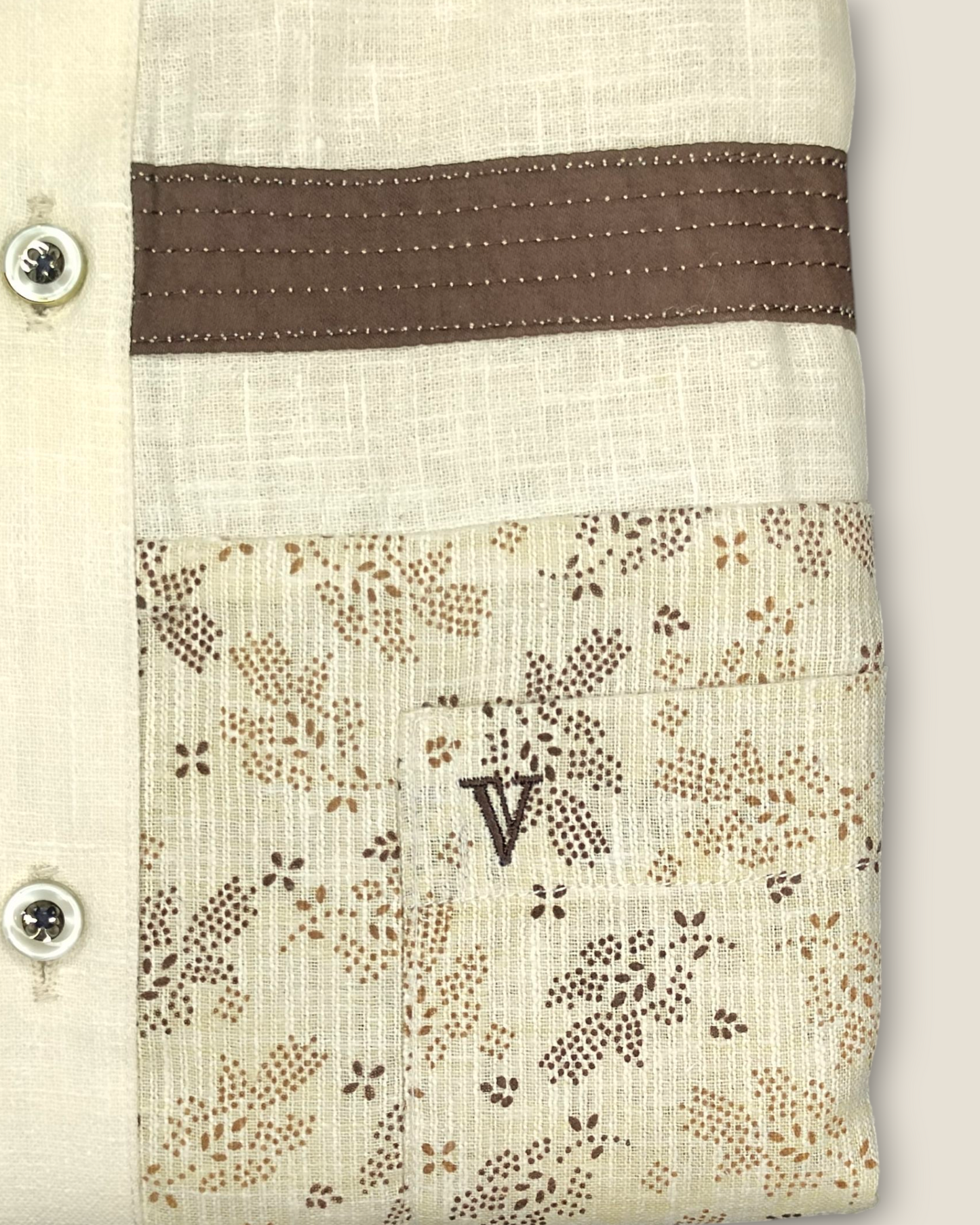 Men's Half Sleeves Party Wear Shirt - Cream with Brown Floral Panel