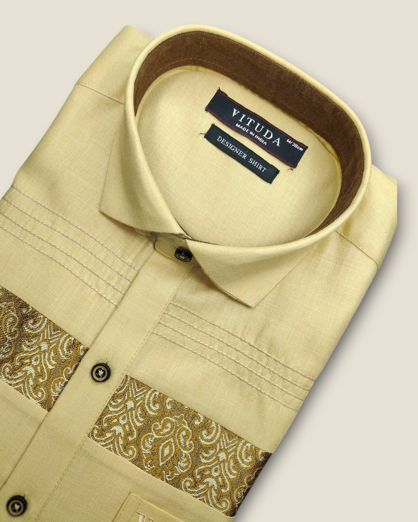 Men's Half Sleeves Party Wear Shirt - Beige with Gold Paisley Panel