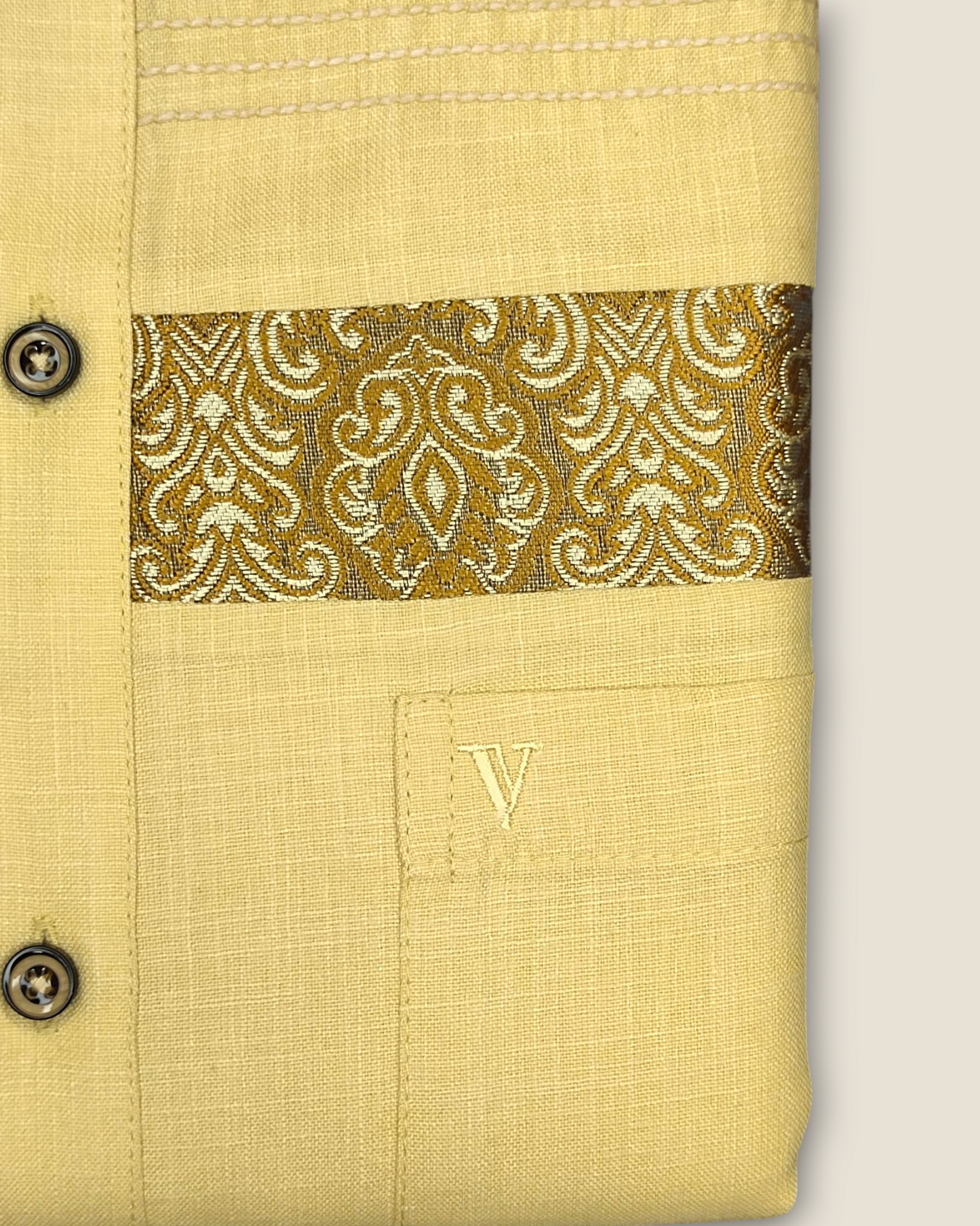 Men's Half Sleeves Party Wear Shirt - Beige with Gold Paisley Panel