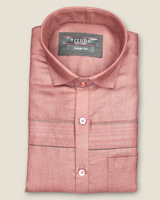 Men's Half Sleeves Party Wear Shirt - Rich Red with Embroidered Stripes