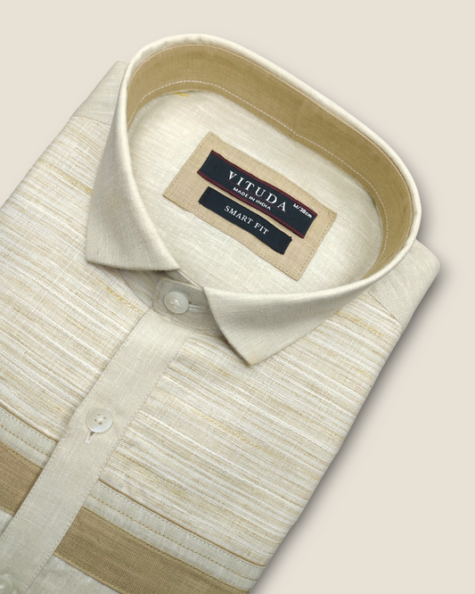 Men's Half Sleeves Party Wear Shirt - Beige Linen with Contrast Panel
