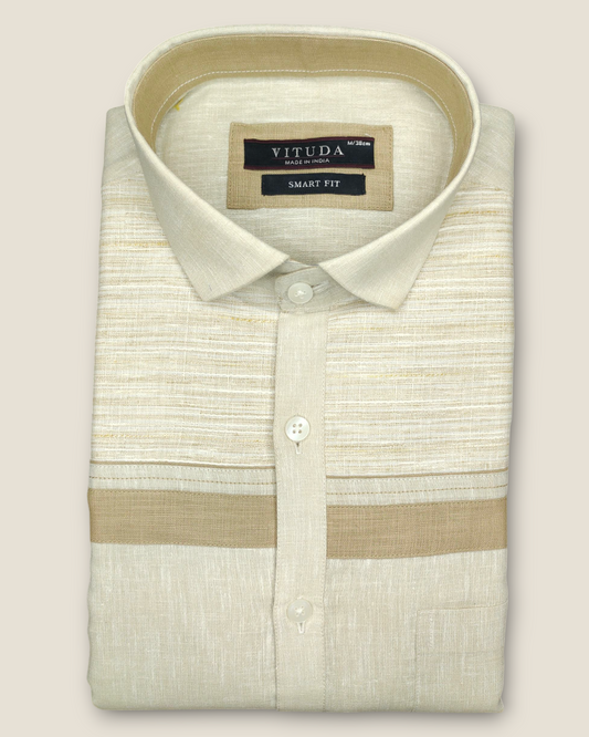 Men's Half Sleeves Party Wear Shirt - Beige Linen with Contrast Panel