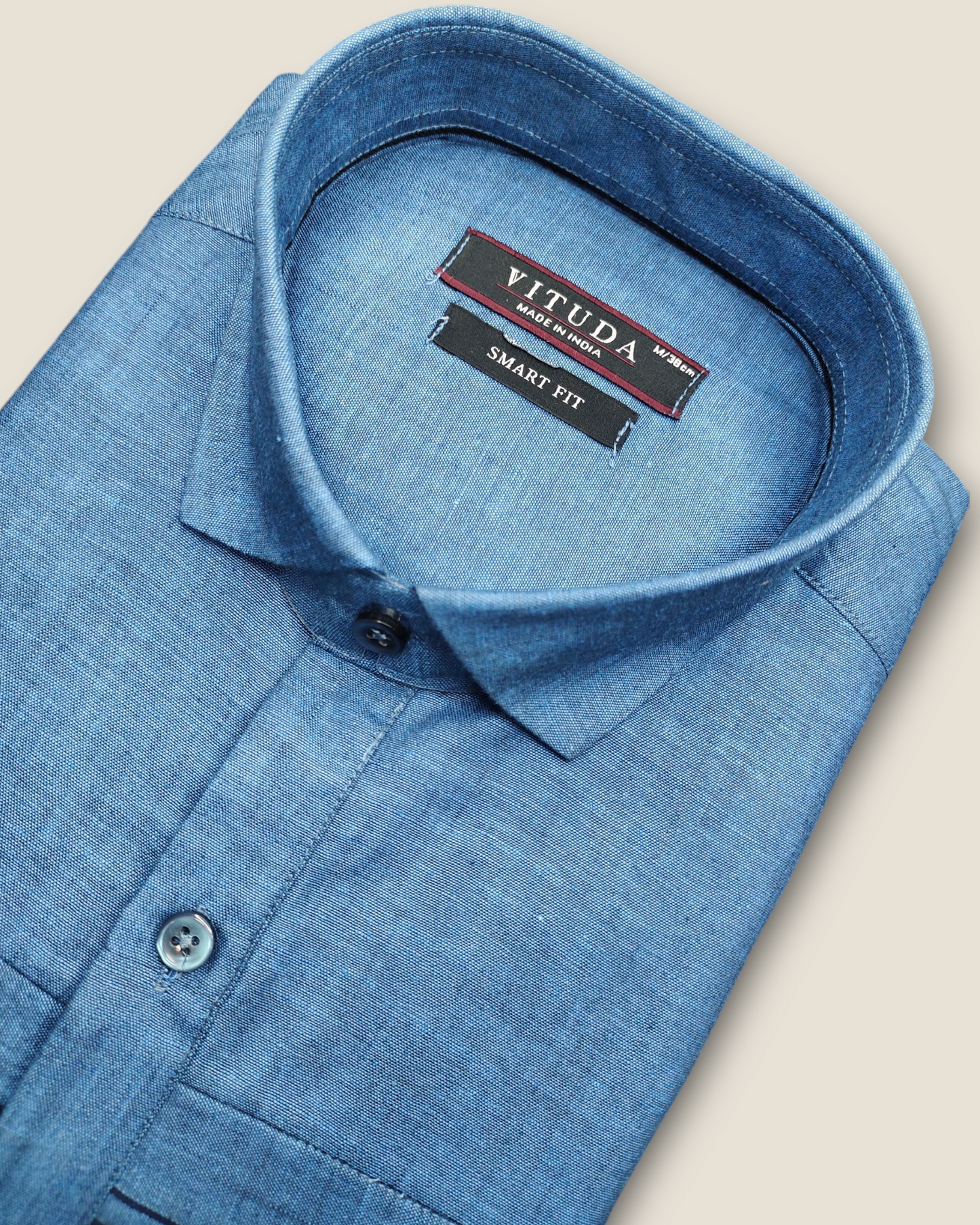 Men's Half Sleeves Party Wear Shirt - Blue Linen with Contrast Details