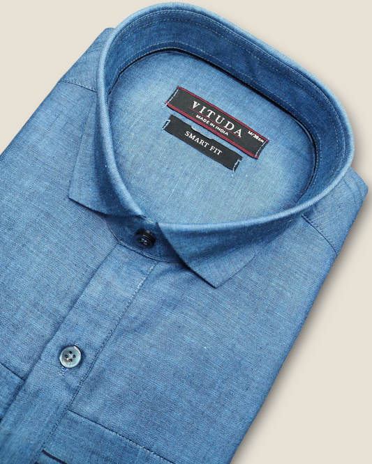Men's Half Sleeves Party Wear Shirt - Blue Linen with Contrast Details