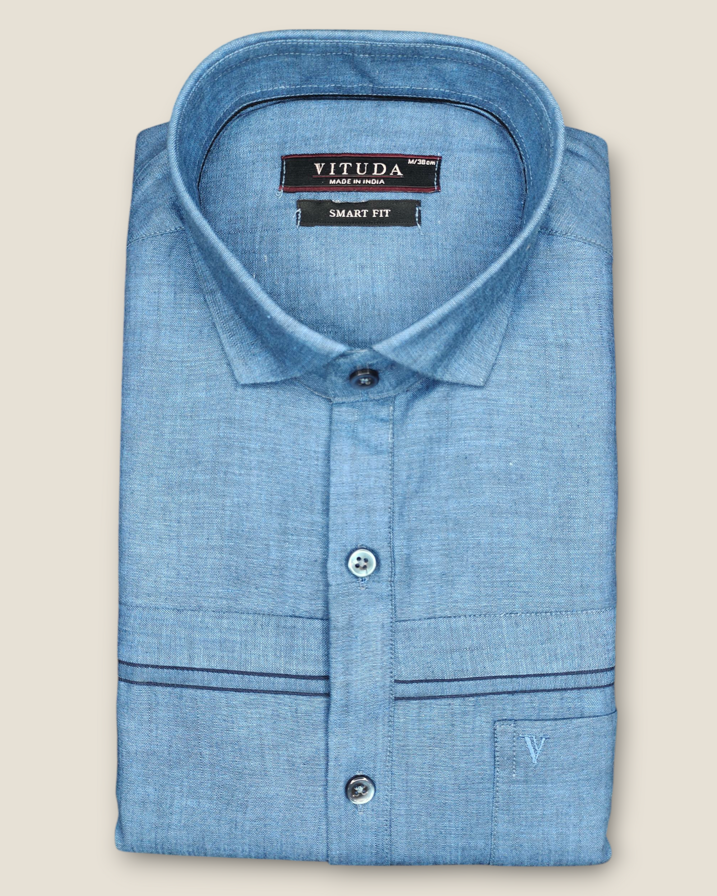 Men's Half Sleeves Party Wear Shirt - Blue Linen with Contrast Details