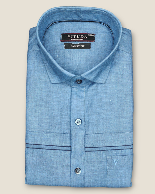 Men's Half Sleeves Party Wear Shirt - Blue Linen with Contrast Details