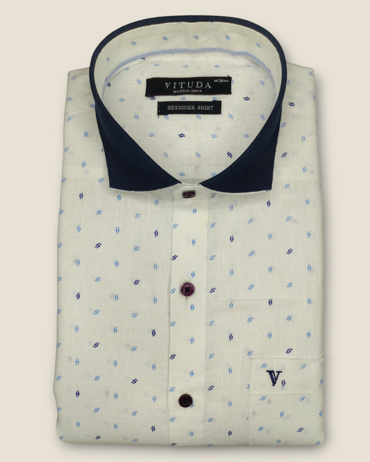 Men's Half Sleeves Shirt - Blue Pattern with Navy Collar