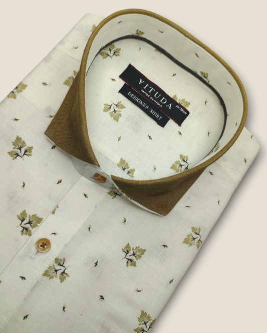 Men's Half Sleeves Party Wear Shirt - Floral Print with Olive Collar