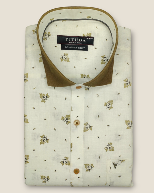 Men's Half Sleeves Party Wear Shirt - Floral Print with Olive Collar