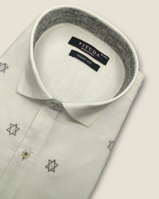 Men's Half Sleeves White Shirt with Star Embroidery