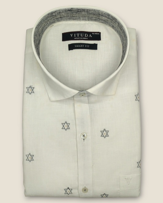 Men's Half Sleeves White Shirt with Star Embroidery