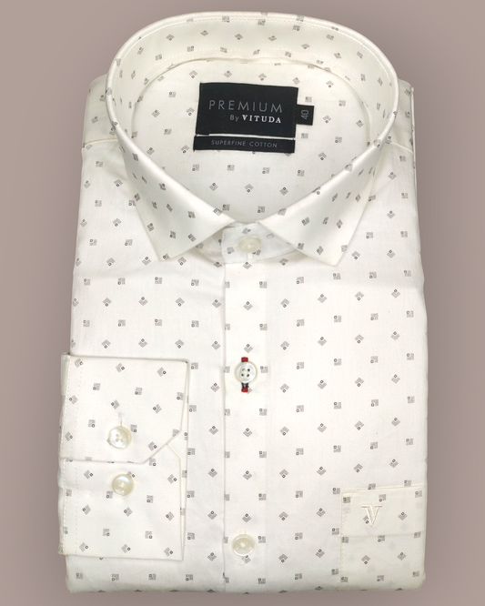 Men's Full Sleeves Premium White & Grey Micro-Square Printed Superfine Cotton Shirt