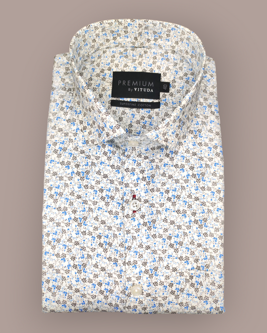 Men's Full Sleeves Premium Blue & Grey Micro-Floral Printed Superfine Cotton Shirt