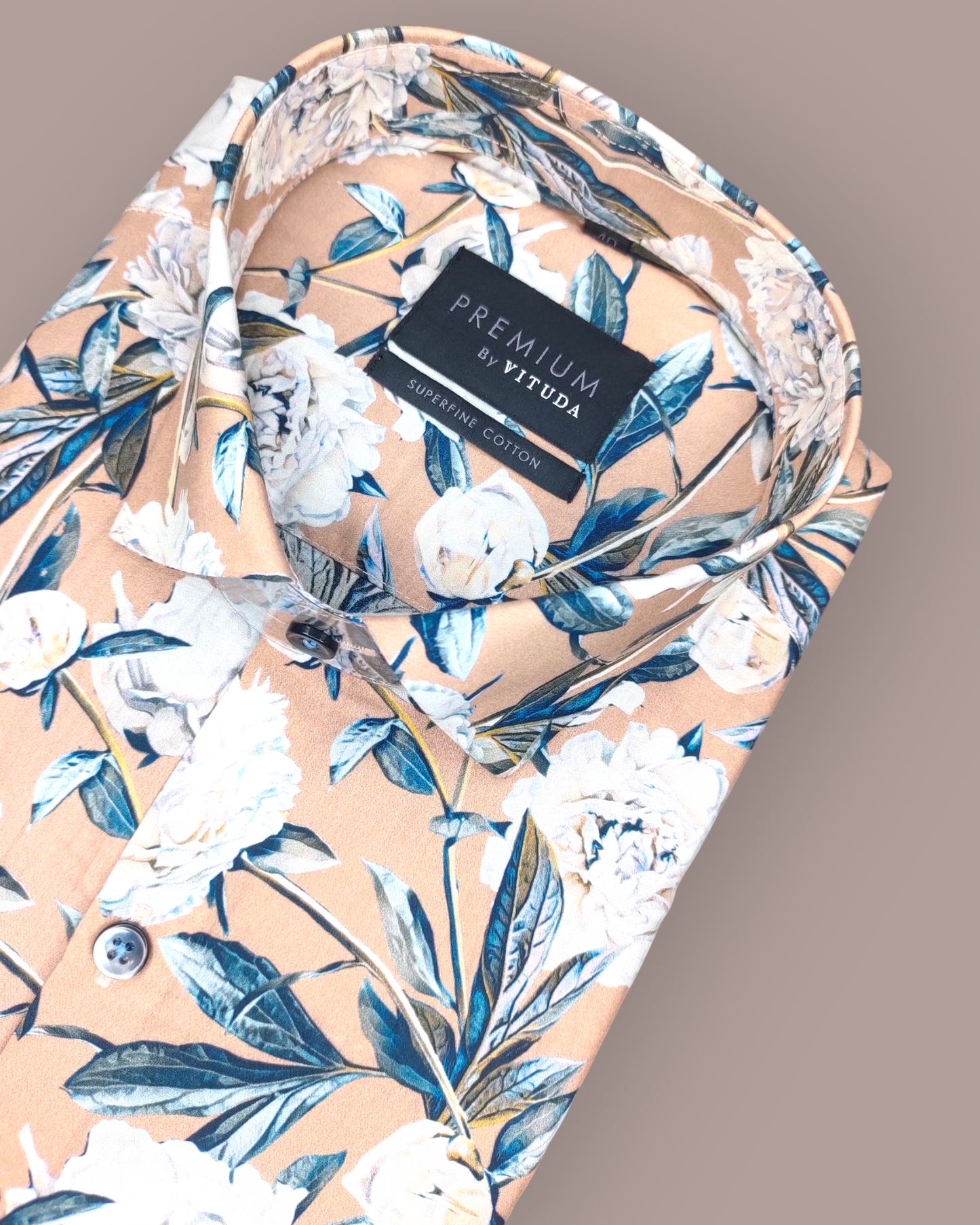 Men's Full Sleeves Premium Peony Printed Superfine Cotton Shirt – Beige & Blue