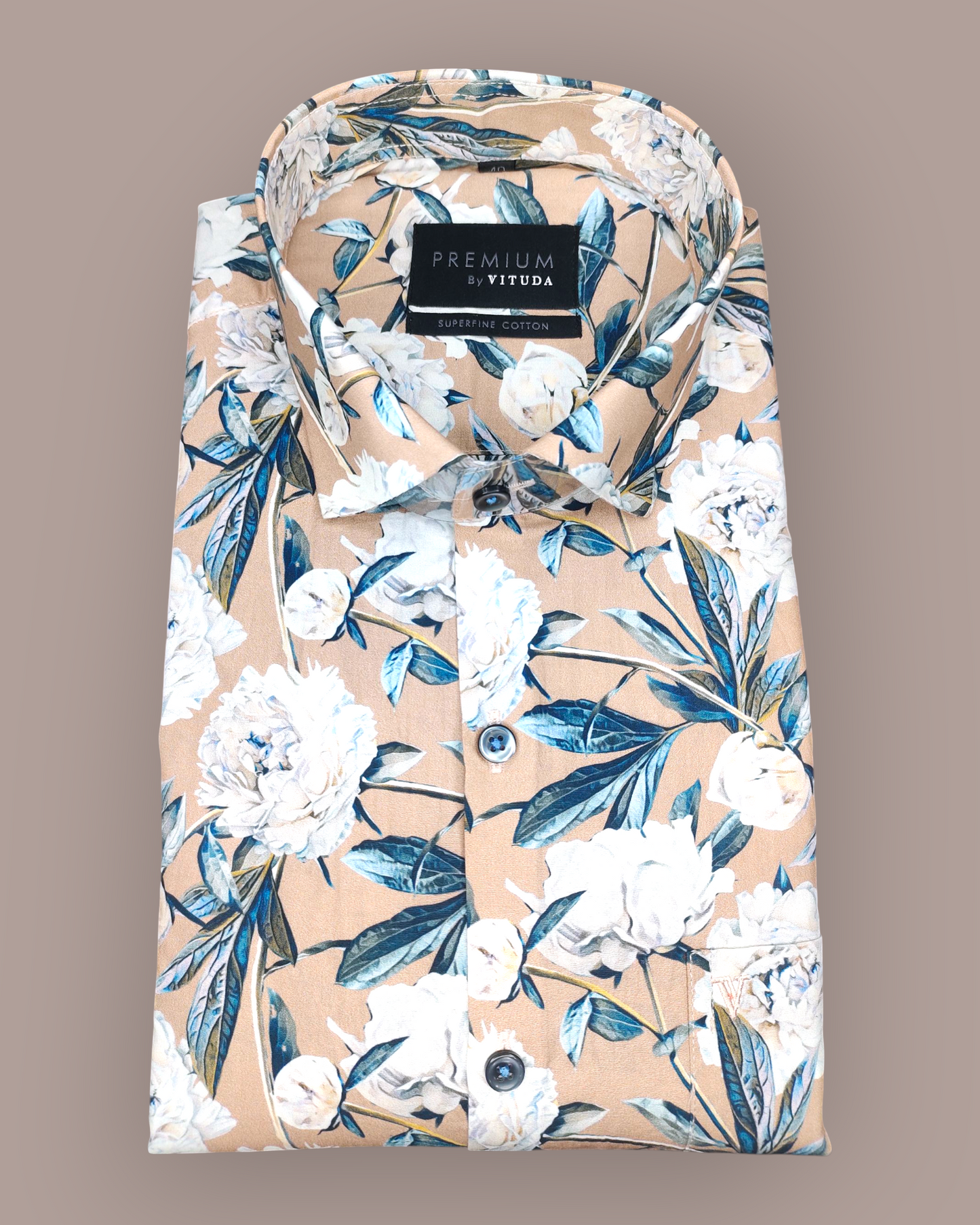 Men's Full Sleeves Premium Peony Printed Superfine Cotton Shirt – Beige & Blue
