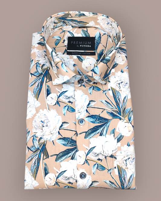 Men's Full Sleeves Premium Peony Printed Superfine Cotton Shirt – Beige & Blue