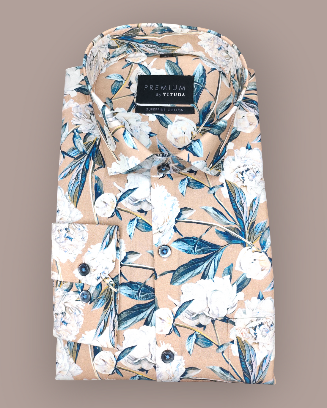 Men's Full Sleeves Premium Peony Printed Superfine Cotton Shirt – Beige & Blue