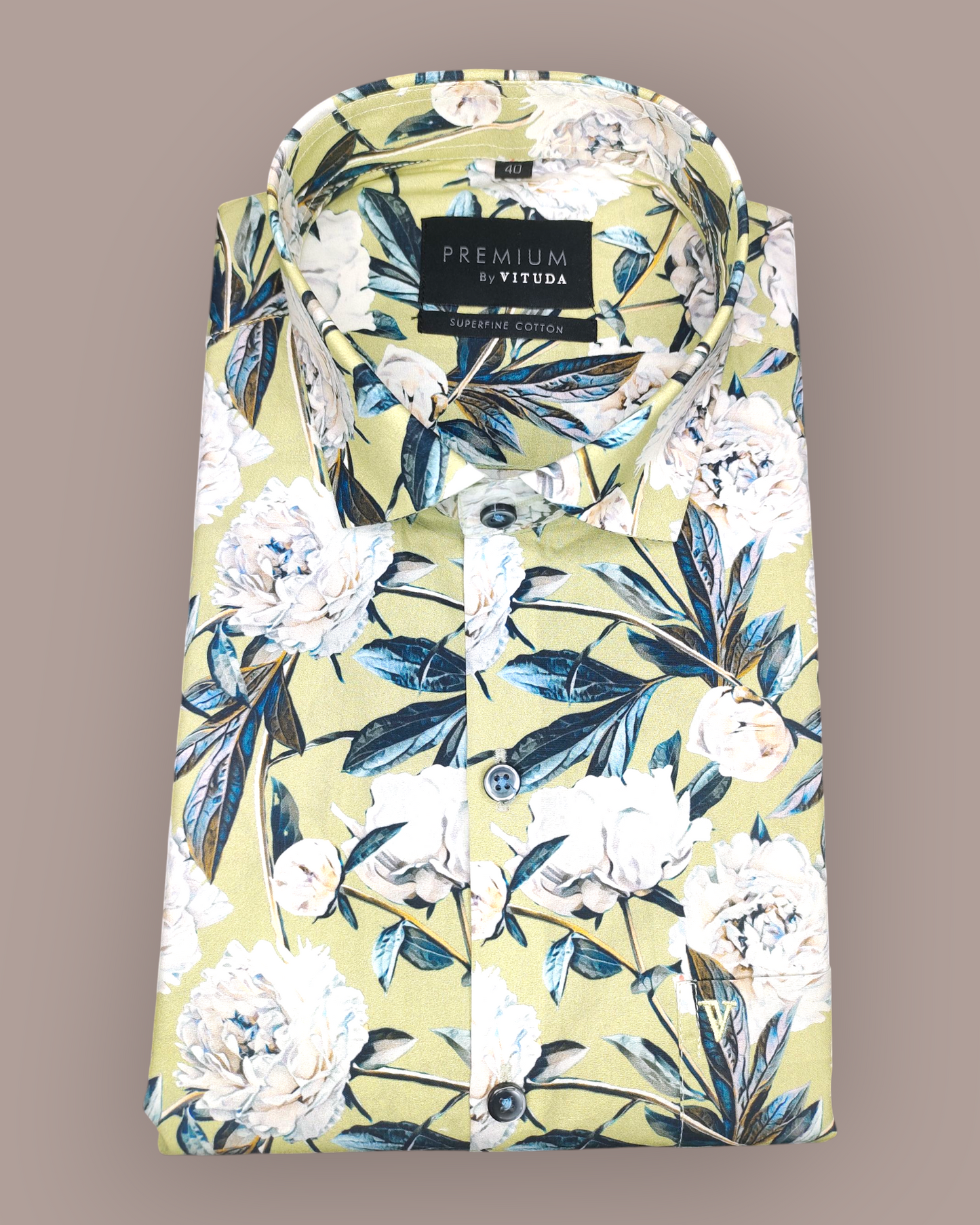 Men's Half Sleeves Premium Lime Green Peony Printed Superfine Cotton Shirt