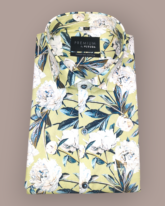 Men's Half Sleeves Premium Lime Green Peony Printed Superfine Cotton Shirt