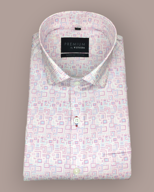 Men's Full Sleeves Premium Geometric Square Printed Superfine Cotton Shirt – Pink & Blue