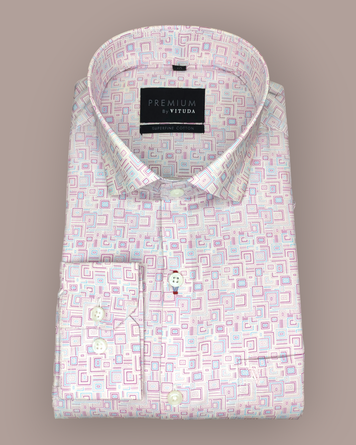 Men's Full Sleeves Premium Geometric Square Printed Superfine Cotton Shirt – Pink & Blue