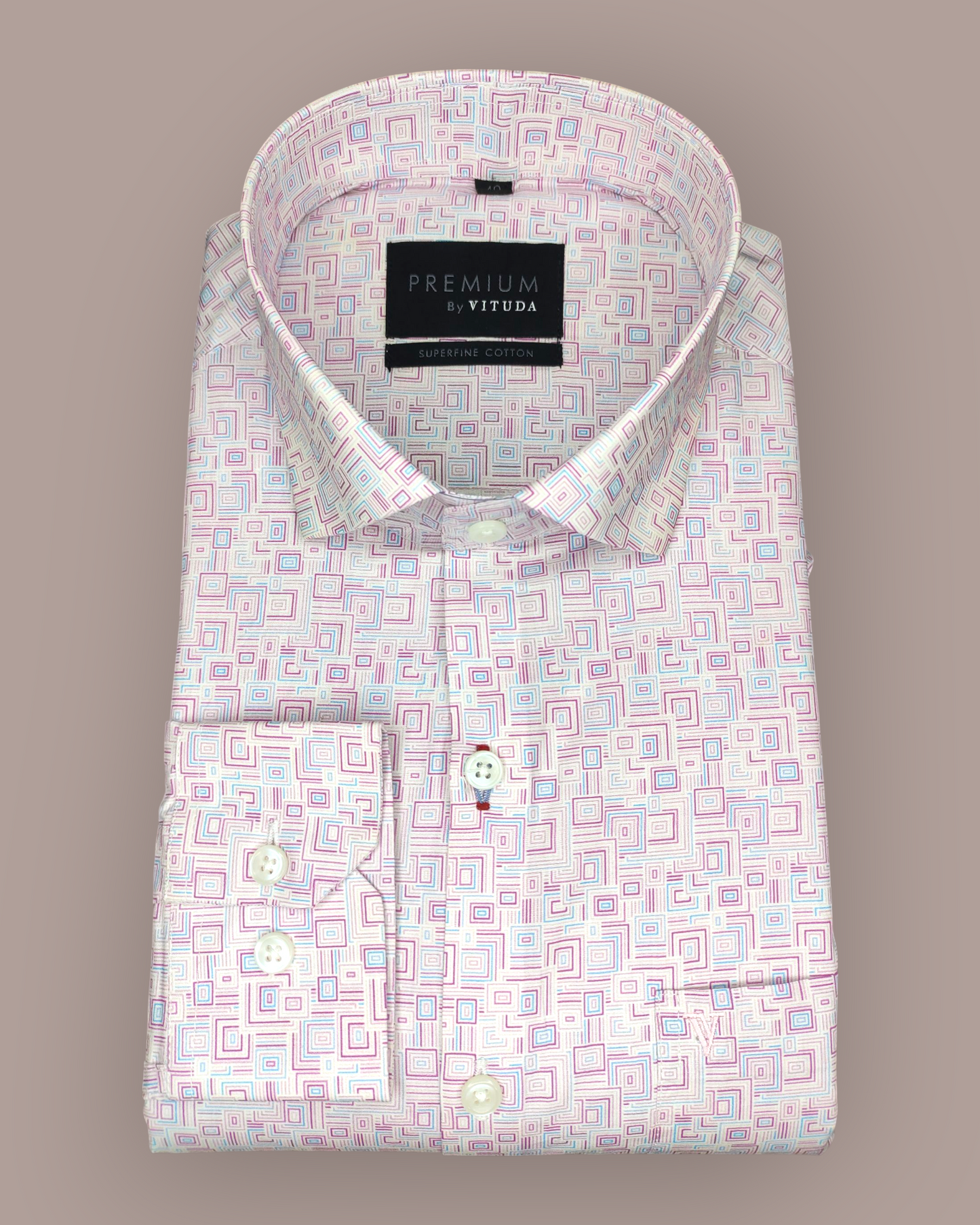Men's Full Sleeves Premium Geometric Square Printed Superfine Cotton Shirt – Pink & Blue