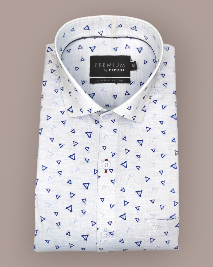 Men's Full Sleeves Premium Blue Triangle Printed Superfine Cotton Shirt