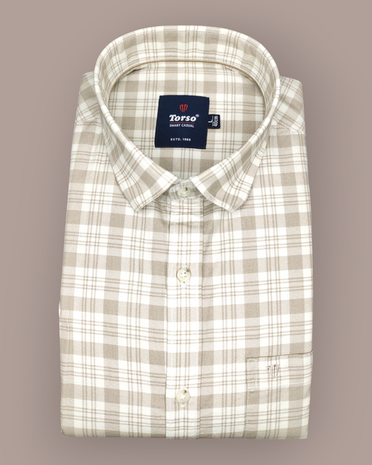 Men's Full Sleeves Beige & White Gingham Check Premium Shirt