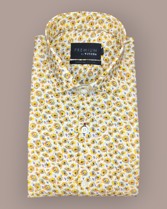 Men's Full Sleeves Premium Floral Printed Superfine Cotton Shirt – Yellow, Orange & Blue