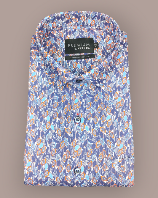 Men's Full Sleeves Premium Blue & Orange Leaf Printed Superfine Cotton Shirt