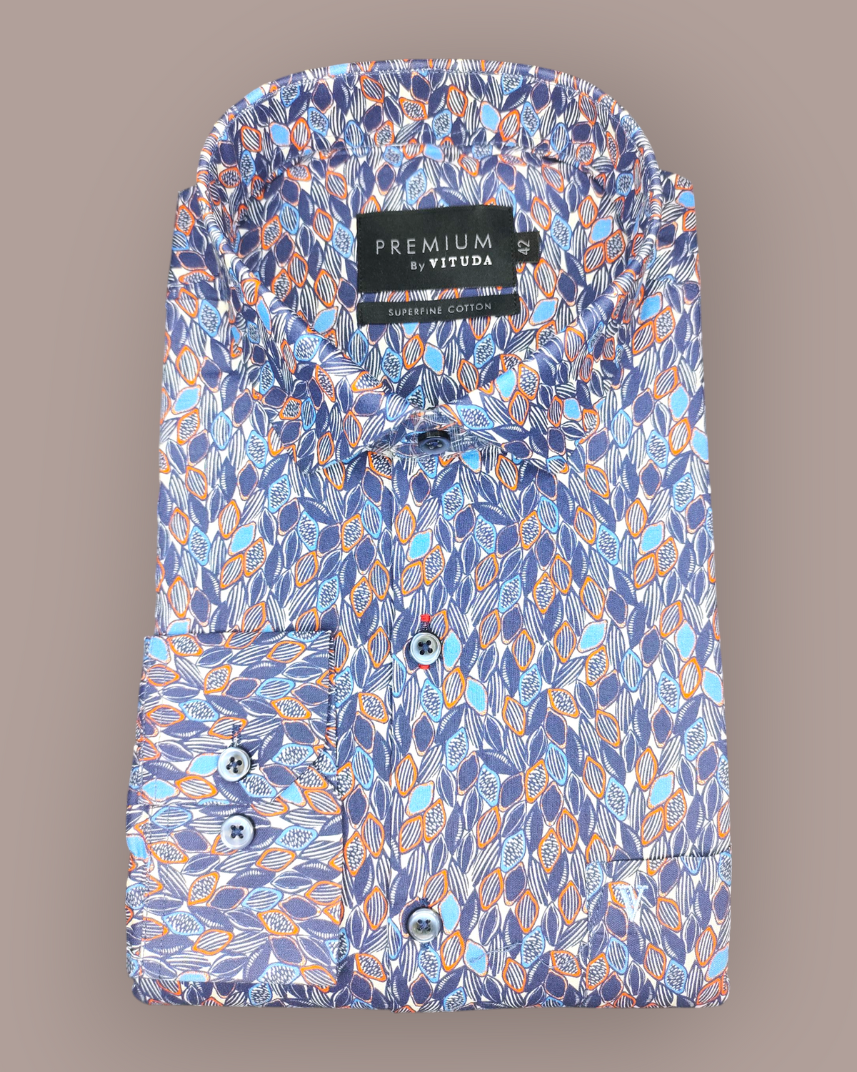Men's Full Sleeves Premium Blue & Orange Leaf Printed Superfine Cotton Shirt