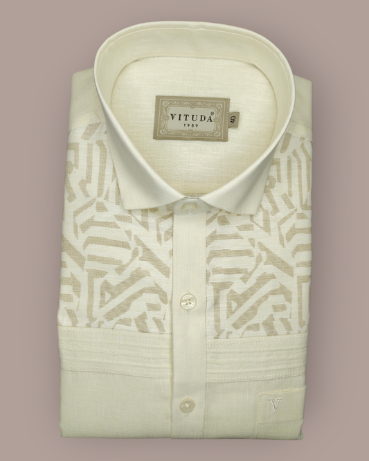 Men’s Full Sleeves Ivory Jacquard Shirt - All-Over Abstract Weave with Minimal Stripe Detail