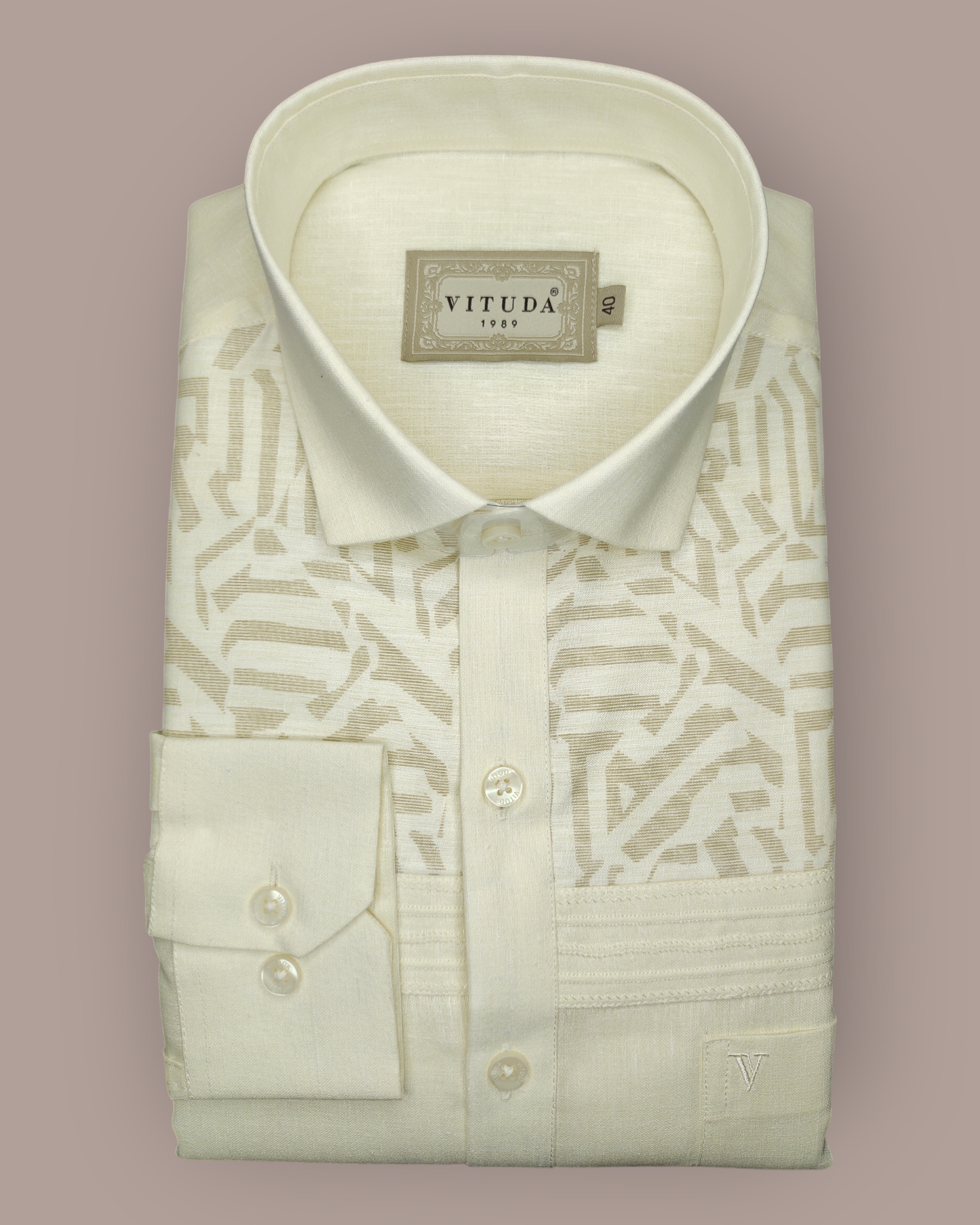 Men’s Full Sleeves Ivory Jacquard Shirt - All-Over Abstract Weave with Minimal Stripe Detail