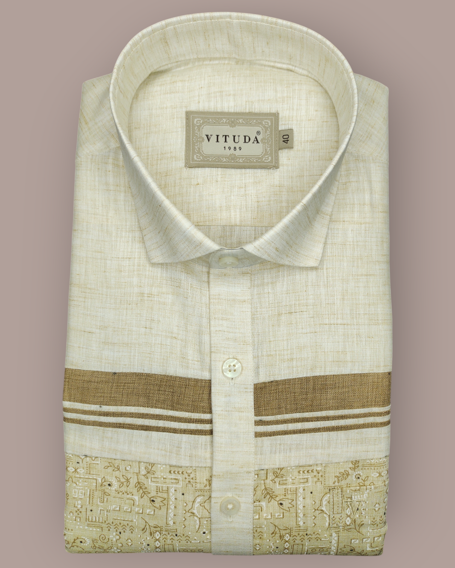 Men’s Full Sleeves Cream Textured Shirt with Heritage Border Panel