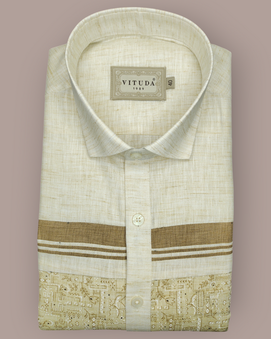 Men’s Half Sleeves Beige Textured Designer Shirt - Subtle Embroidery & Pintuck Detailing