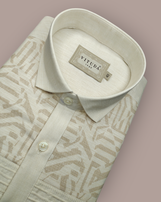 Men's Half Sleeves Ivory Jacquard Shirt with Geometric Detailing