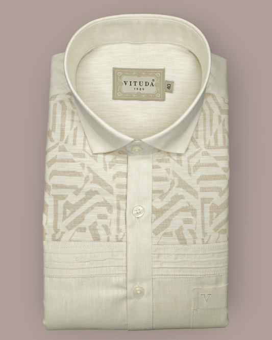 Men's Half Sleeves Ivory Jacquard Shirt with Geometric Detailing