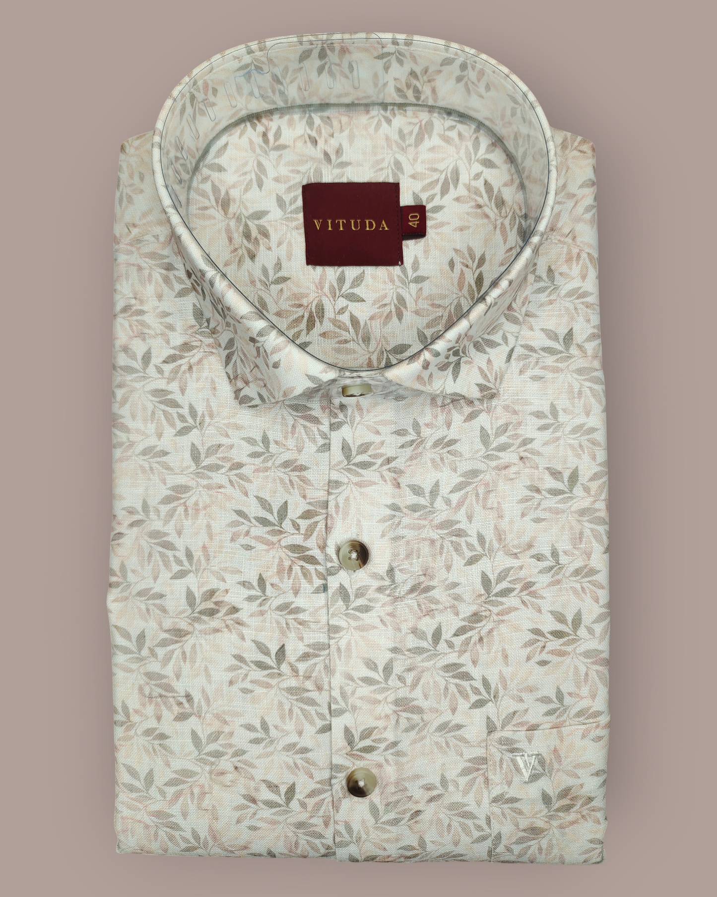 Men’s Full Sleeves Soft Beige Botanical Print Cotton Shirt