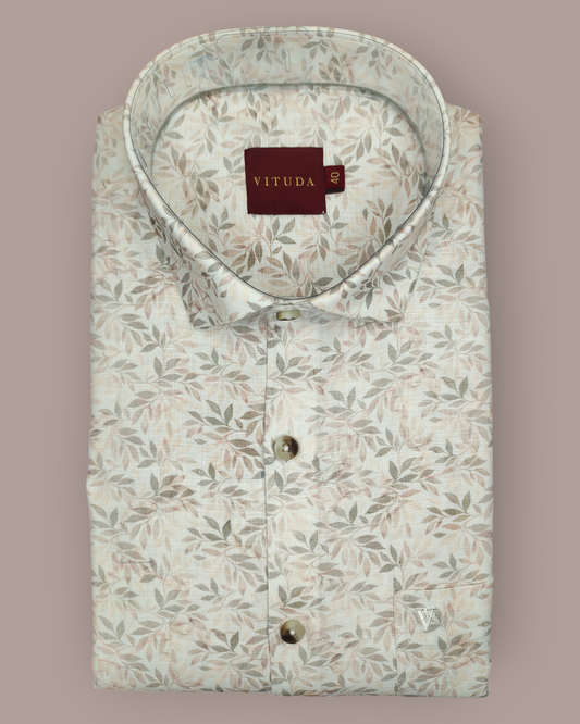 Men’s Full Sleeves Soft Beige Botanical Print Cotton Shirt