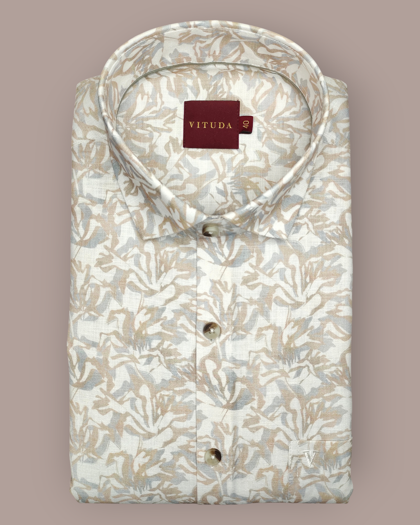 Men’s Full Sleeves Premium Beige Leaf Abstract Printed Cotton Shirt