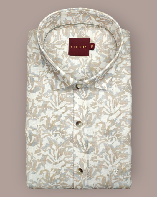 Men’s Full Sleeves Premium Beige Leaf Abstract Printed Cotton Shirt
