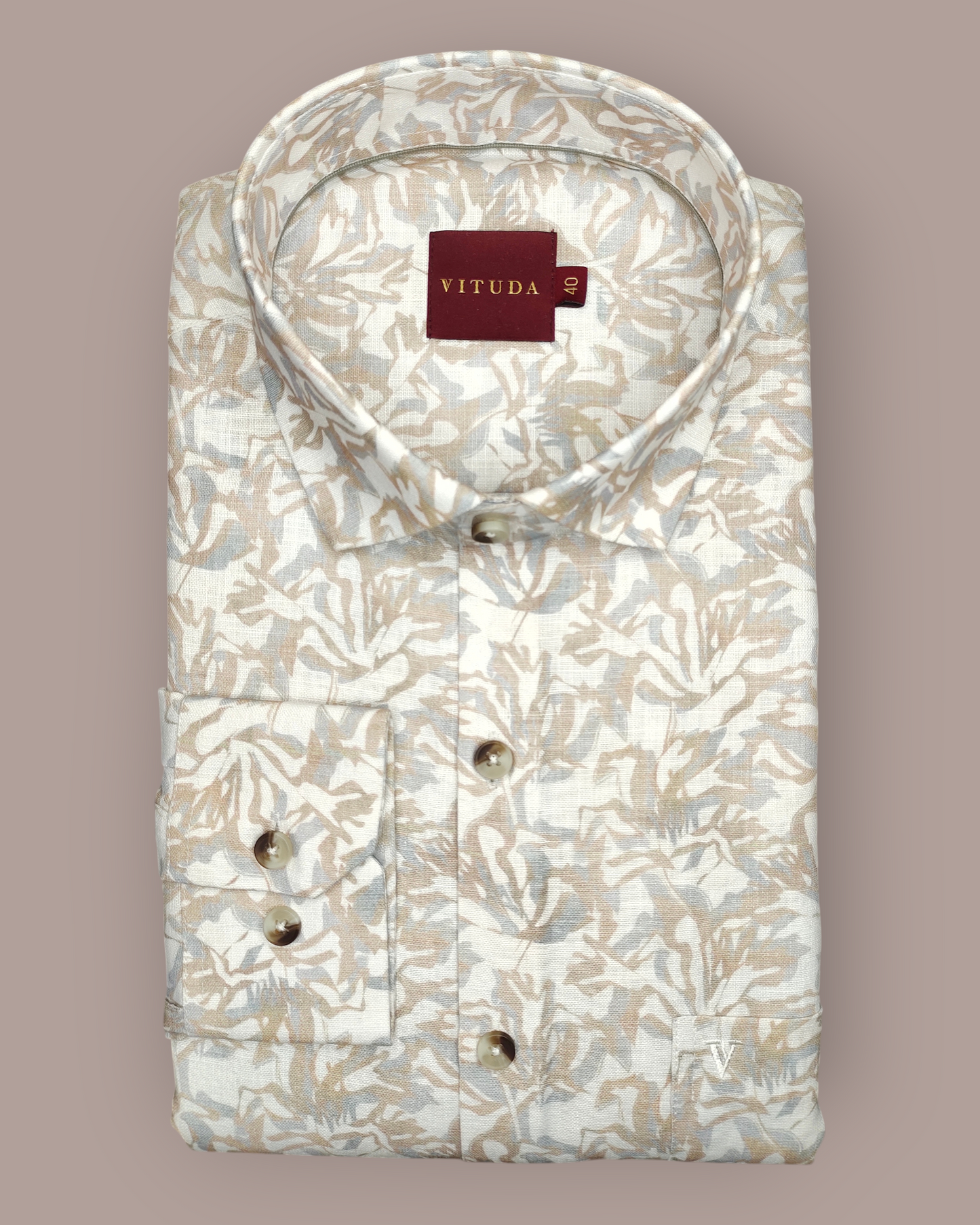 Men’s Full Sleeves Premium Beige Leaf Abstract Printed Cotton Shirt