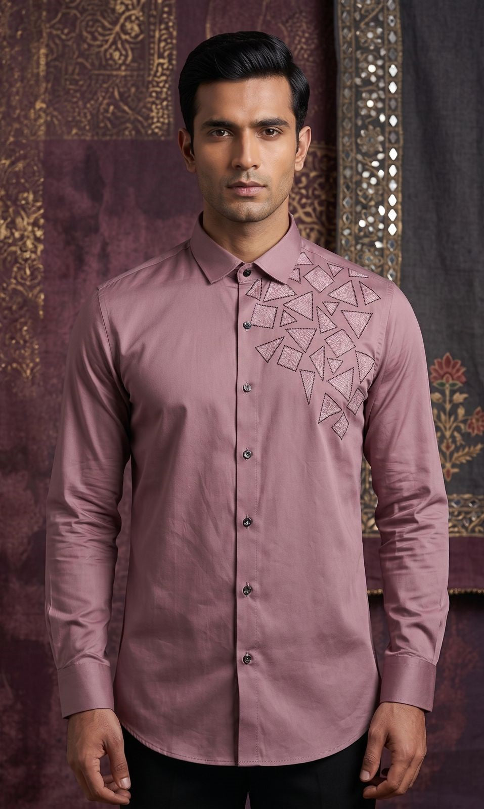 The Linear Edge : Men's Mauve Geometric Luxury Full Sleeves Shirt